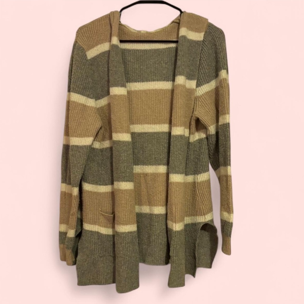 Open-Front Striped Knit Cardigan - Olive, Camel & Cream